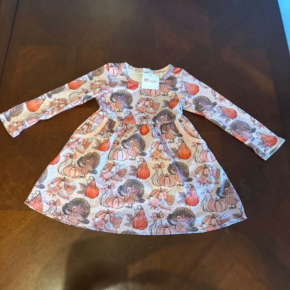 Clover Cottage Apparel Girls 3T Thanksgiving Turkey Pumpkin Long Sleeve Dress